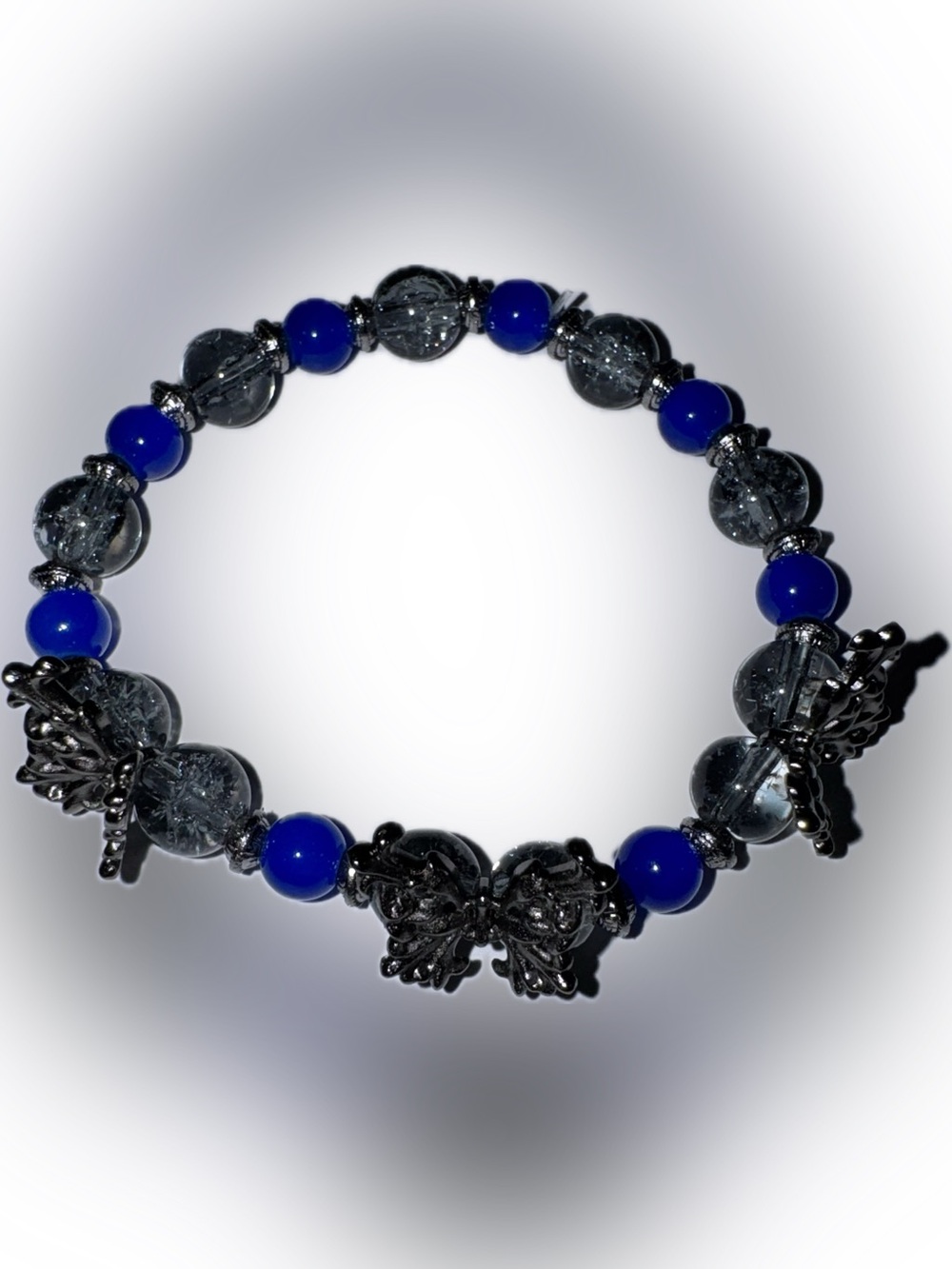 Blue and Gray Beaded‎ Women's Bracelet with Gun Metal Butterfly Accent